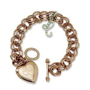  Rose Tone Heart Locket Chain Toggle 7.25 Bracelet Jewelry