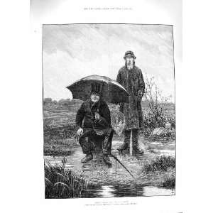   1881 GREAT EXPECTATIONS MEN FISHING RIVER ROD NET RAIN