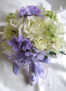 17pc Bouquet wedding flowers IVORY LAVENDER GREEN  