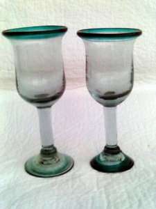 Hand Blown Aqua Blue Green Wine Glasses Goblets  