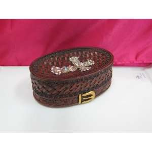 : Soap Dish, Western Decor, Woven Leather Like Material, Silver Cross 