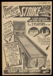 1950 Exhibit Supply Strike coin op arcade bowling machine trade print 