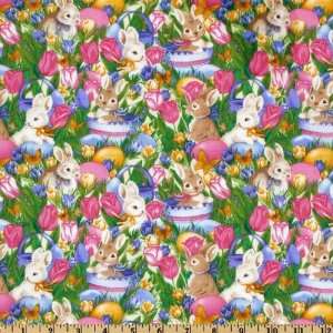  44 Wide Garden Bunnies Multi Fabric By The Yard: Arts 