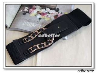 Fashion Women Gold Metal Chain Black Wide Elastic Belts  
