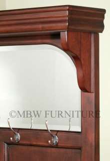 Cherry Hall Tree Hat & Coat Hanger w/ Storage Entry Bench and Mirror 