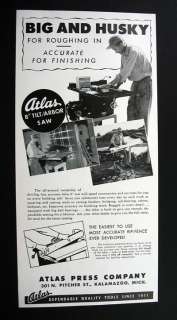 Atlas 8 inch Tilt Arbor Saw table 1953 print Ad  