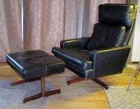 Danish Modern Black Leather Swivel Rocking Lounge Chair & Ottoman 