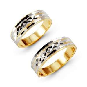    14k White Yellow Gold Engraved Wedding Band Ring Set: Jewelry