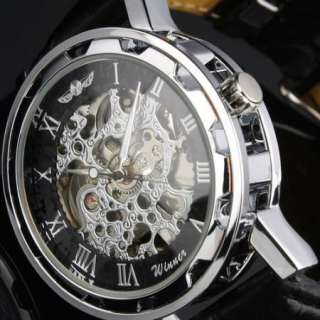 NEW MENS BLACK LEATHER SEE THROUGH MECHANICAL WATCH  