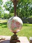   Yugoslavian Old Brass Leaves Pink Floral Pottery Globe Ball Table Lamp