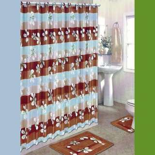 BROWN/BLUE BATH SET: 2 Bath Mat/Rugs+Fabric Shower Curtain+Fabric 