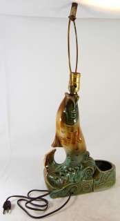 Vintage Pottery Electric Lamp Jumping Fish Brown Green  