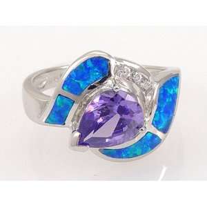  925 Sterling Silver Inlay Created Blue OPAL CZ Pear Shape 