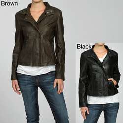 Collezione Womens Faux Leather Crinkle Moto Jacket  