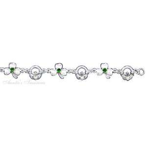   Claddagh Shamrock Three 3 Leaf Clover Green Glass Link Bracel Jewelry