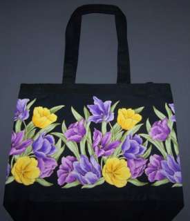 Spring Purple Tulips on Black Shop Tote Bag Purse NEW  