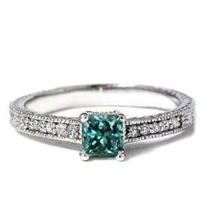   : .50CT Princess Cut Antique Hand Engraved Blue Diamond Ring: Jewelry