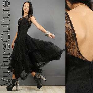   Backless Sheer LACE Tiered GYPSY Full SWEEP Asymmetrical Party Dress S