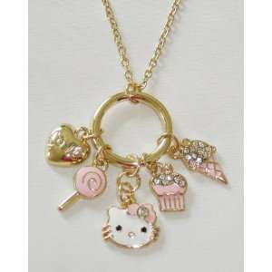 Hello Kitty Pink Ice Cream & Crystals Multi Charm Gold Tone Necklace 