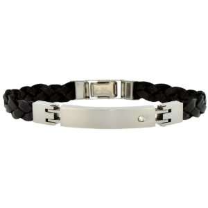   Stainless Steel and Black Leather, Guy Men Male ID Bracelet: Jewelry