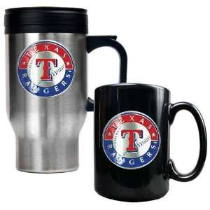 Texas Rangers MLB Stainless Steel Travel Mug & Black Ceramic Mug Set 