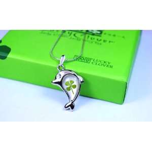  Real Four Leaf Clover Necklace   Dolphin Design Pendant 