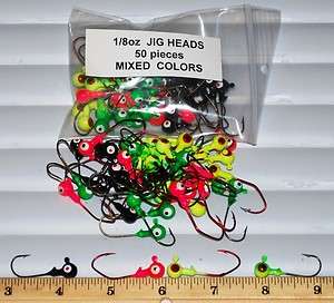 8oz PAINTED JIG HEADS MIXED COLORS BAG OF 50 RED and BRONZE HOOKS 