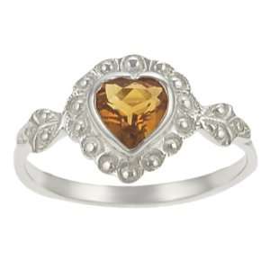    Sterling Silver with Yellow Topaz Etched Heart Ring Jewelry
