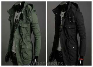 Mens Zip Up Hooded Long Trench Coat /jacket Green Z01  