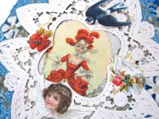 Antique Victorian Valentine Show Girl Blue Card Layered Paper Lace 