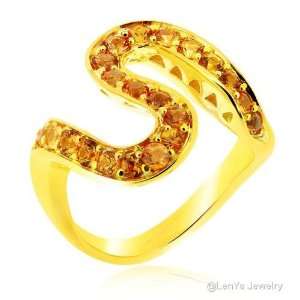   Letter Gold Plated Ring With AAA Grade Yellow Sapphires, Ring Size 5.6