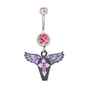   Belly Ring with Pink Crystals   Dangling Casket with Cross and Wings