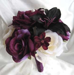 Wedding Bouquet Bridal Silk flowers PURPLE CREAM PLUM LILY 17pc 