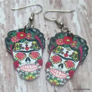   Kahlo sugar skull day of dead Rockabilly tattoo earrings FREE SHIPPING
