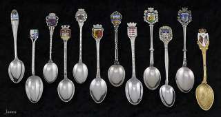 12 Demitasse Souvenir Spoons Sterling Enameled European  