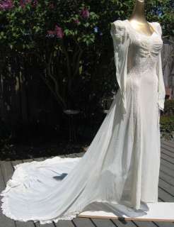 VTG 30s 40s DIVINE SHEER W/ CHANTILLY LACE LONG TRAIN RUCHED WEDDING 