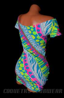 Punky Neon UV GLOW 80s Print Off SHoulder Sexy Clubwear Lycra Mini 