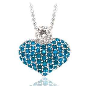  14k White Gold Blue Sapphire Pave Diamond Heart Necklace Jewelry