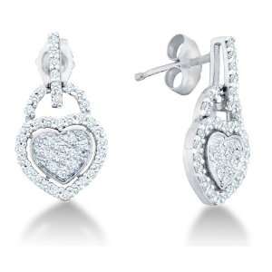 : 10k White Gold Channel Pave Set Round Diamond Heart Dangle Earrings 