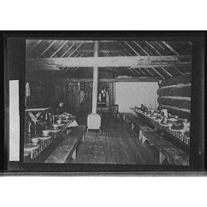  Interior of a log cabin with long dining tables
