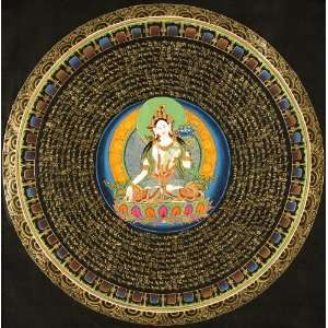  White Tara Mandala with Mantras   Tibetan Thangka Painting 