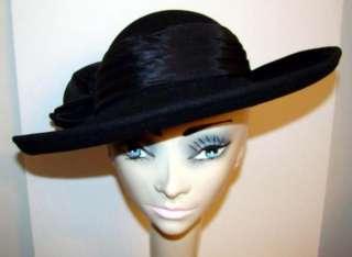 Vintage ADOLFO II Black Felt Hat with Taffeta Rosette  