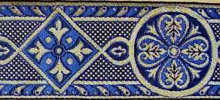neo gothic, medieval motif is jacquard woven in blue and metallic 