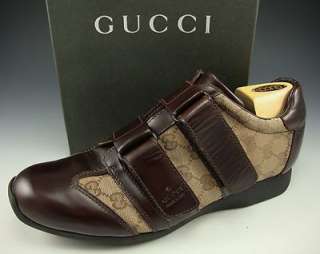 GUCCI 1116047 STRAP SNEAKERS MENS 8 BROWN US 9 D $475 Leather & GG 