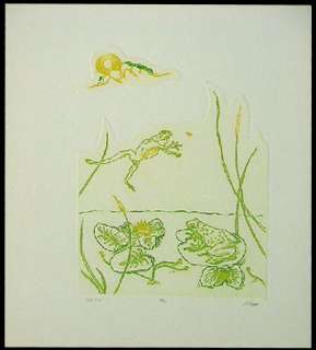 Lawrence Lerfald, The Pond, Original Art Etching Frogs Green MAKE AN 