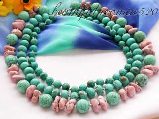 nature 3row rondelle round baroque green pink turquoise necklace. I 