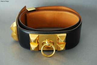 Authentic HERMES CDC Collier De Chien Belt 72 Goldtone x Black Leather 