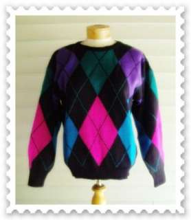 Vintage 80s Shimmer New Wave Argyle Oversized Slouch Sweater Top 