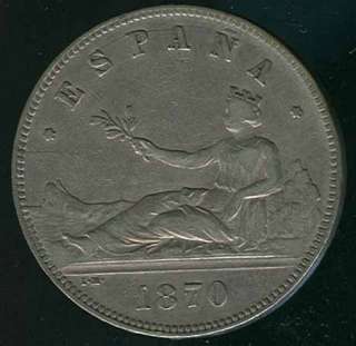 SPAIN RARE BEAUTY 5 PESETAS 1870 (70) SILVER COIN   
