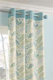 NEXT Teal Duck egg Cream Green Retro Leaf Eyelet Lined Curtains 66x90 